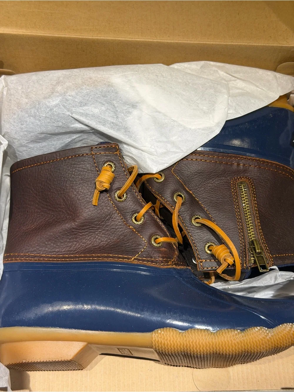 Sperry Navy and Brown Waterproof Duck Boots with Tan Laces
